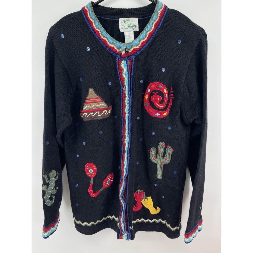Quacker Factory Womens Southwestern Cardigan Sweater Black Embroidered Cactus M